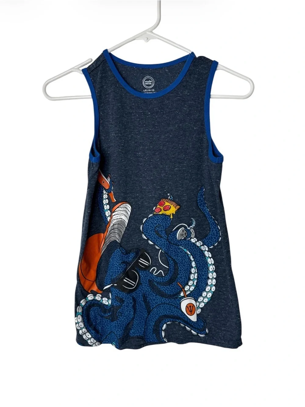 WONDER NATION Tank Top Shirt Youth Large 10/12 Blue Octopus Pizza Sleeveless